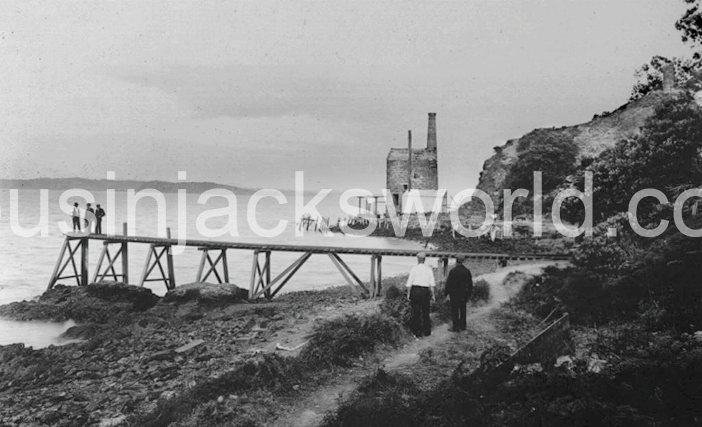 Engine house on reclaimed land at Whitaker's shaft, Kawau, new zealand. Winkleman 1900