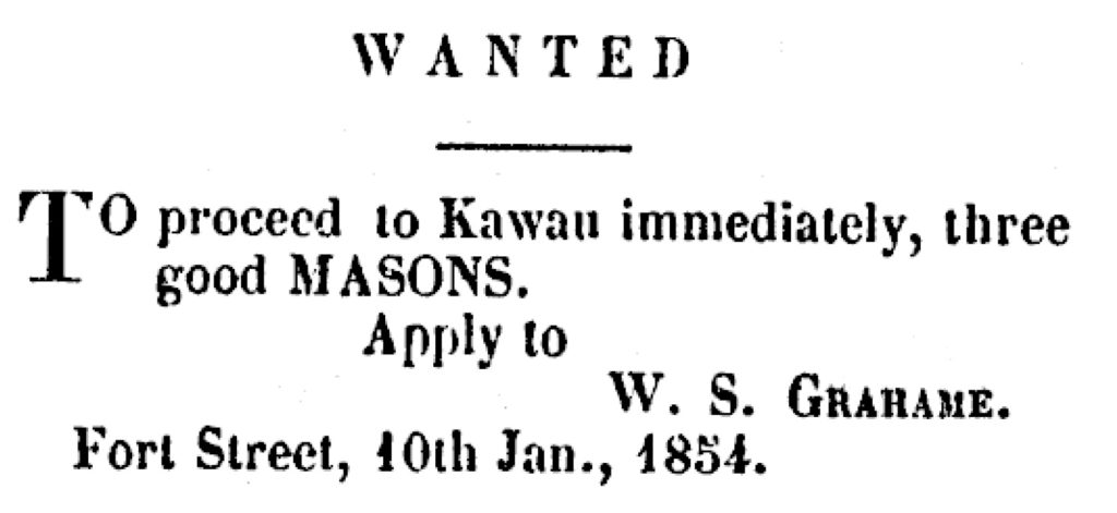 Wanted masons for Kawau mine new Zealand 1854