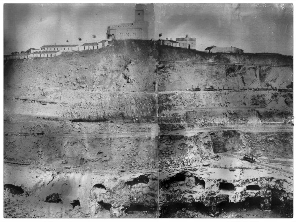 The São Domingos Mine in about 1870, showing old levels, the first church and the village which was later demolished