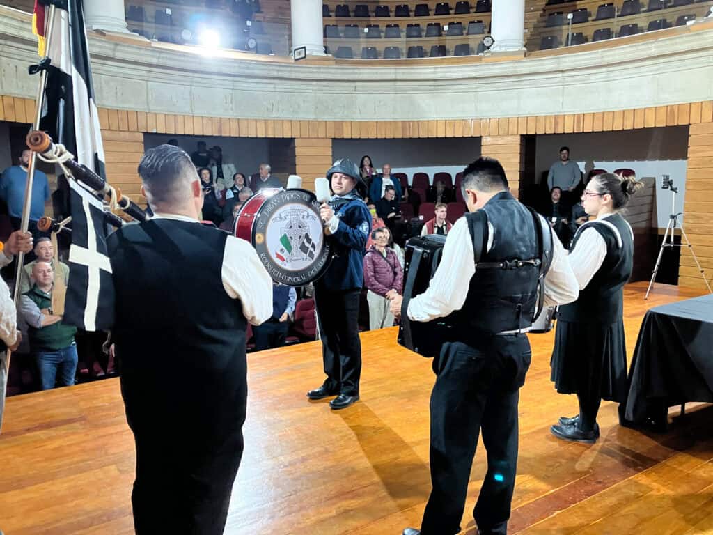 The St Piran's Pipe and Drum band at the Teatro Hidalgo Bartolomé de Medina in Pachuca